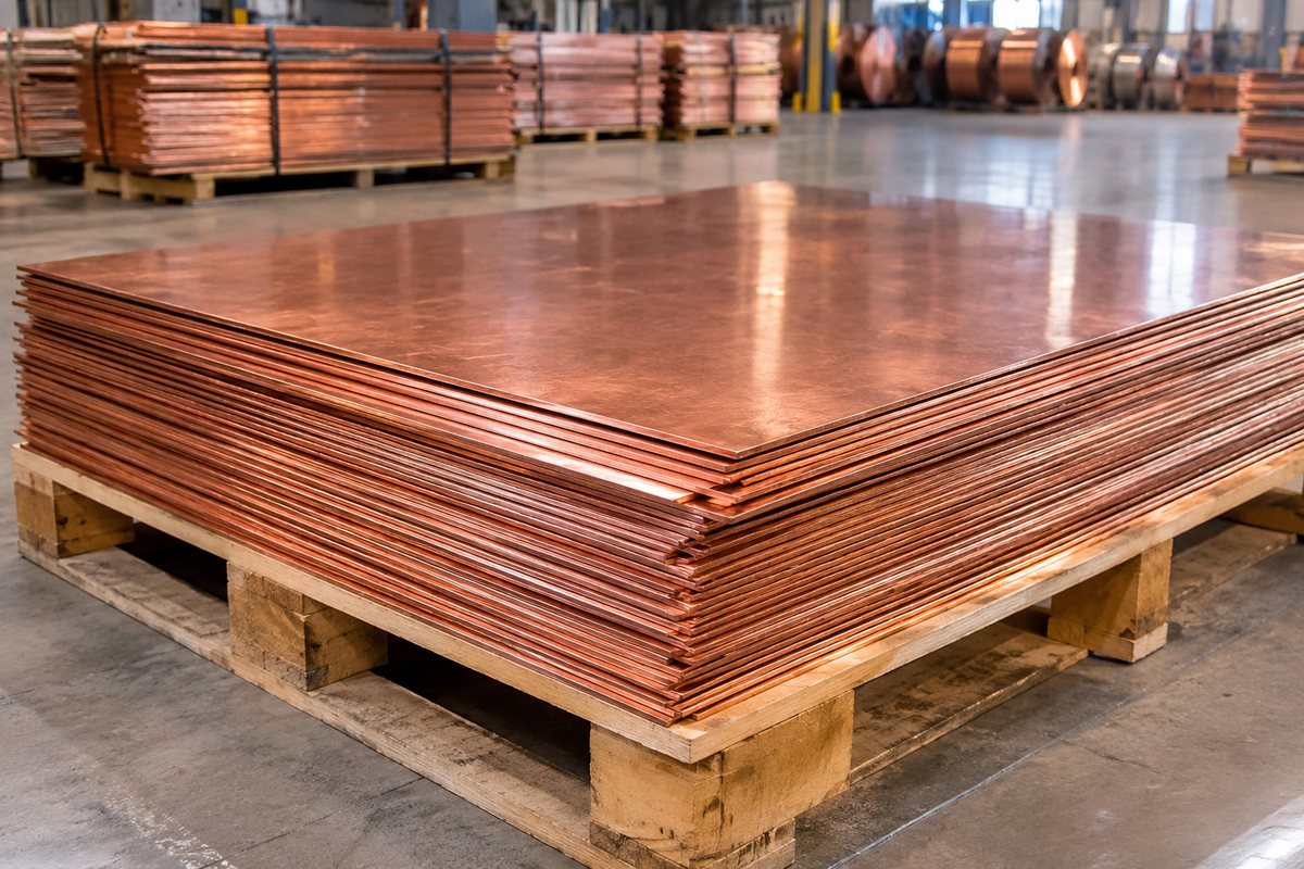 Stacked copper sheets representing copper cathodes